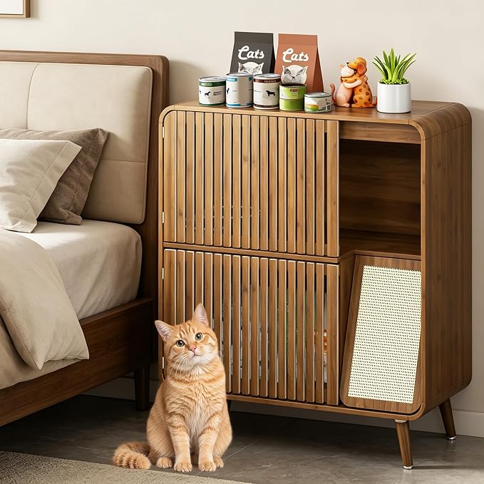 Dog Proof Cat Feeding Station, Cat Feeder Station, Pet Food Storage Walnut | Raised Bowls for Indoor Cats, Elevated Food Bowls with Stand, Cat Scratching Board, 2 Stainless Steel Bowls