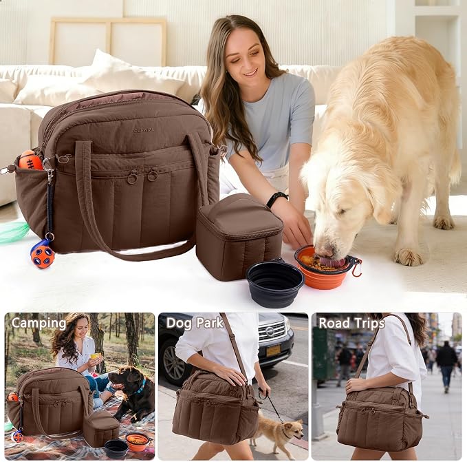 Dog Travel Bag for Supplies, Airline Approved Pet Travel Organizer with 2 Food Containers & Collapsible Bowls, Large Capacity Dogs Tote Bag for Weekend, Stylish Dog Mom Gift for Pet Lovers