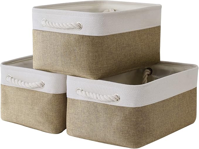 Storage Basket for Organizing - 14x10x7 inch Medium 3 Pack Collapsible Storage Bin for Shelves with Handles, Canves Storage Box for Organizer Cubes Cloth Gift Toy Closet (White & Khaki)