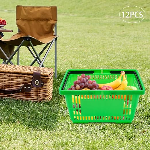 12PCS Shopping Baskets with Handles, 19x13x10inch Plastic Storage Bins Grocery Baskets, Portable Shop Basket Used for Supermarket, Retail, Bookstore (Green)
