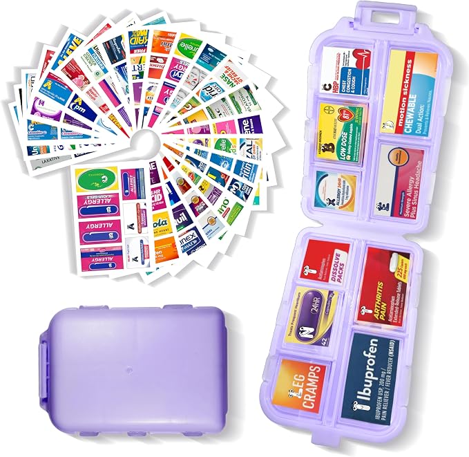 Pill Organizer with 161 Medicine Labels, Purple Travel Pill Case | Compact 10-compartment pill case with 161 labels for daily vitamins, supplements, 7-day planning, purse, backpack, and travel