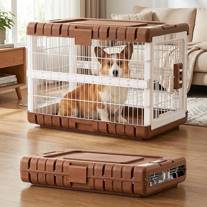 ZOMISIA Collapsible Dog Crate for Dogs - 28" L Heavy Duty Dog Kennel No Tools Required with 4 Sides Steel Foldable Cage for Dogs Indoor, Portable Carrier with 2 Smooth Wheels, Woodgrain