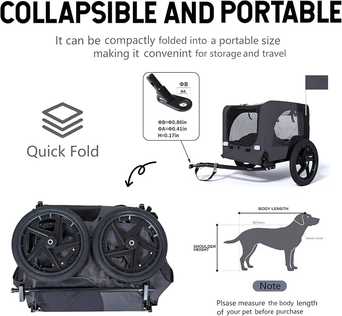 KEIKI Dog Bike Trailer with Built-in Leash, Pet Stroller Cart Bicycle Carrier, Easy Folding Cart Frame with Front Caster & 16" All-Terrain Wheels & Universal Hitch, Supports up to 66 lbs