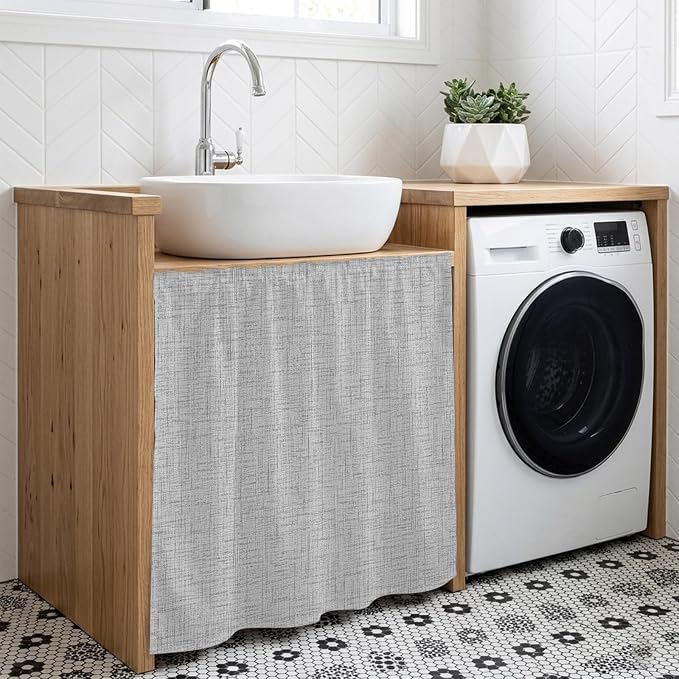Cabinet Curtains 35x35inch Sink Skirt, Modern Minimalist Gray Desk Skirt for Kitchen Bathroom Shelves, Country Linen Style Privacy Cabinet Curtain Self Stick Adhesive Under Sink Skirts