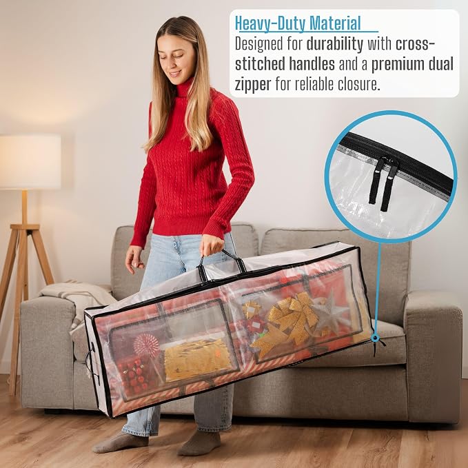 VENO 2 Pack Clear Wrapping Paper Organizer Storage Box for Christmas Gift Bags and Holiday Accessories, Underbed Storage Container with Interior Pockets, 40 Inches Long Fits 24 Rolls (2 Pack)
