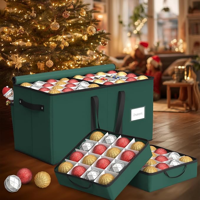 Sunvigor Christmas Ornament Storage Box with 8 Trays, Fits 128 Holiday Ornament Christmas Storage Container with Adjustable Dividers, Dual Zipper, 600D Oxford Christmas Decorations Storage(Deep Green)