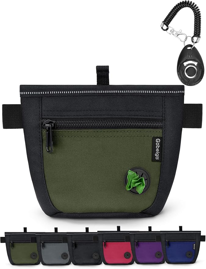 2 Cup Dog Treat Pouch with Training Clicker(Black/Army Green) | 2 Pair Magnetic Closures, Zipper Pocket with Poop Bag Holder, Waist Belt & Metal Clip to Wear for Pet Training/Daily Walking
