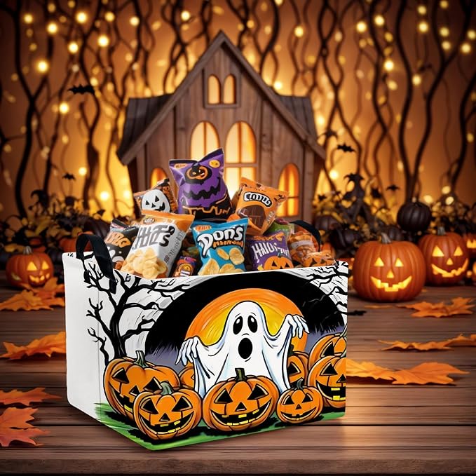 Large Halloween Basket Gift Cute Ghost Pumpkin Parties Decor Kid Trick or Treat Basket for Boys and Girls Rectangular Storage Bin Box (Great Ghost)