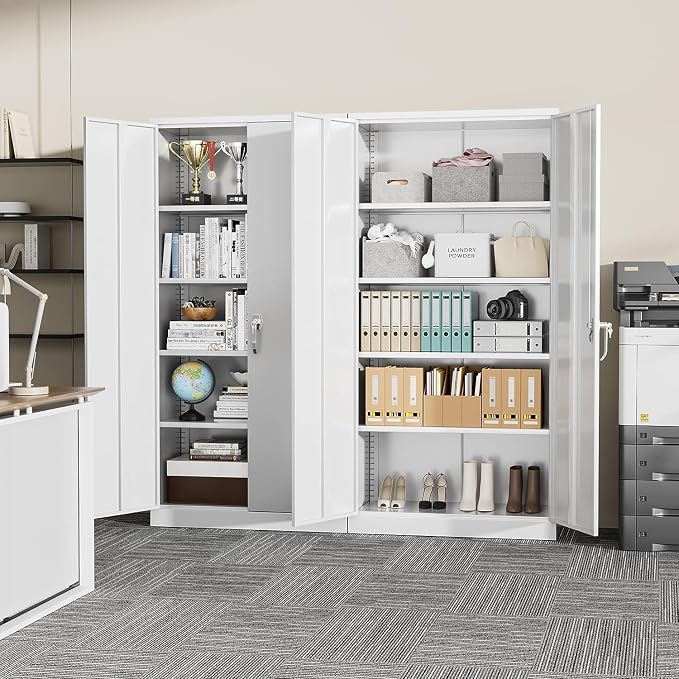 Greenvelly Metal Storage Cabinet, 72" Locking Metal Garage Storage Cabinet with Doors and 4 Adjustable Shelves, Lockable Steel Cabinets for Home Office, Garage, Shop, School (White 36" W x 18" D)