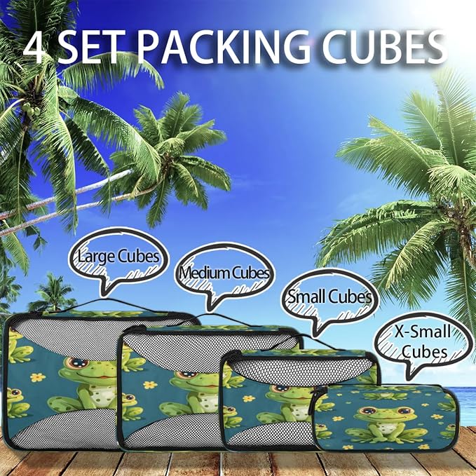 4 Set Packing Cubes for Travel, Frog Cute Animal Packing Cubes for Women, Travel Luggage Packing Organizers, Packing Cube Set, Cute Frogs Flower