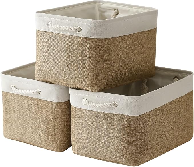 Organization and Storage Basket for Gifts Empty - 16x12x12 inch Cube Storage bin 3 Pack Fabric Storage Cubes, Collapsible Baskets for Organizer Closet Cloth Gift Toy (White & Khaki)