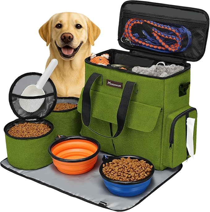Modoker Weekend Dog Travel Bag Set with 2 Food Bags, 2 Bowls and Mat,Green | Dog Travel Accessories Organizer for Camping and Road Trips with Roomy Storage, Multiple Pockets and Water-Resistant Oxford