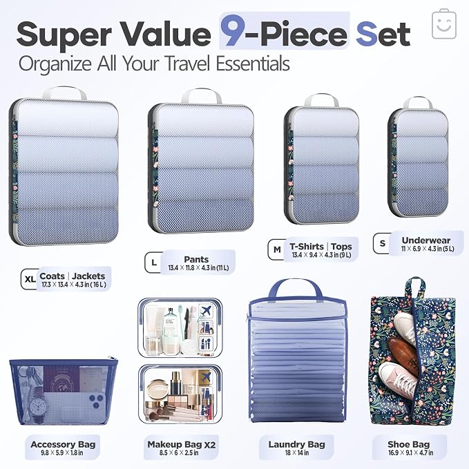 Veken 9/11 Set Compression Packing Cubes Garment Bags for Travel Essentials,Compressible Expandable Luggage Organizer Bags,Space Saver Bags with Over 1000 pcs of Mesh Holes(Dark Blue Floral)