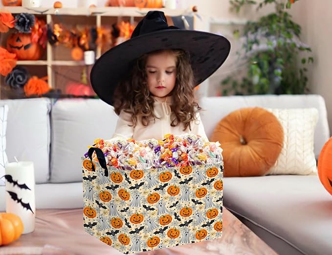 Large Halloween Themed Candy Gift Boo Basket for Kids Baby Personalized Adults Storage Bin Fall Decor(Boo Bat Pumpkin Spooky)