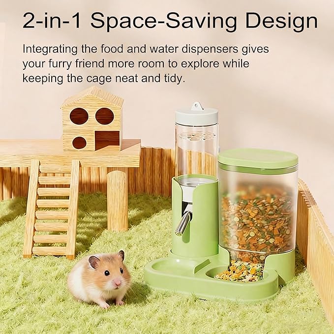 No Drip Hamster Water Bottle, 2 in 1 Automatic Hamster Water Dispenser & Food Bowl, Freestanding Small Animal Water Bottle Cage Accessories for Dwarf Hamster, Gerbil, Rat, Mice (Green)
