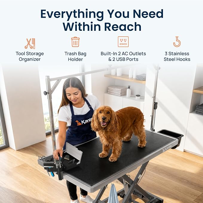 Professional Electric Dog Grooming Table - Heavy Duty | Height Adjustable Pet Grooming Table w/Leveling Wheels, Dog Grooming Arm, Anti-Slip Tabletop & Tool Organizer (Grey, 60")