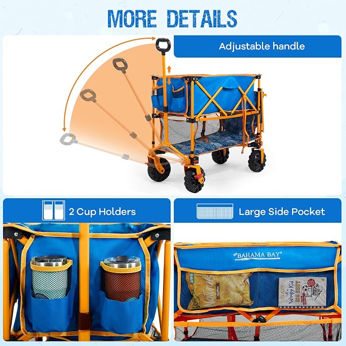 Old Bahama Bay 400L Collapsible Double Decker Beach Wagon with Brakes, Folding Beach Cart with 54" Extra Long Decker, 450LBS Heavy Duty Wagon Chart with All-Terrain Big Wheels for Sand Camping Garden
