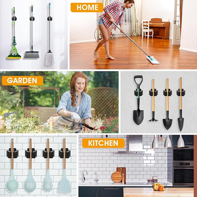 24 Pack Broom and Mop Holder Wall Mount, Hanging Clamp Clip Hanger Utility Rack, Heavy Duty Stainless Steel Adjustable Clamp Organizer with Screws for Garage, Home, Garden Tools, Black