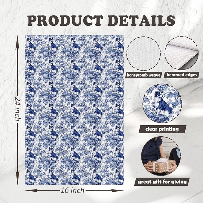 Chicimln Chinoiserie Australian Shepherd Dog Kitchen Towels, Australian Shepherd Gifts Decorative Hand Towels for Bathroom, Blue and White Dog Dish Tea Towel Drying Cloth for Kitchen, 16x24 Inch
