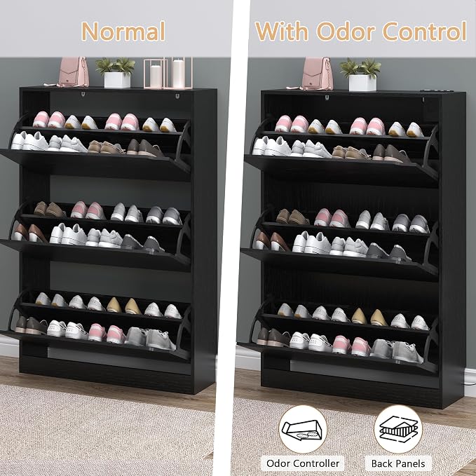 BORNOON Shoe Cabinet with Odor Control and Back Panels, Deodorizing Slim 3-Flip Shoe Storage Cabinet for Entryway, Freestanding Hidden Shoe Rack Organizer for Entrance, Hallway, Bedroom