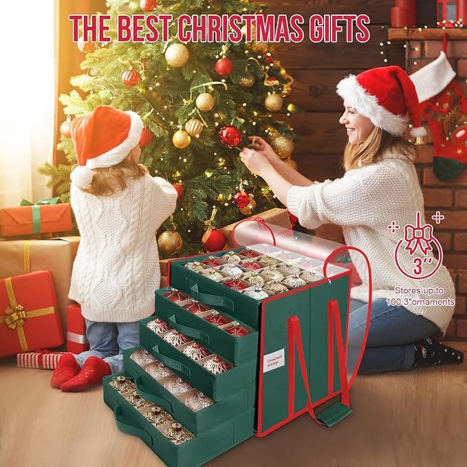 Christmas Ornament Storage Box,5 Tier Holds Up to 100-3” Holiday Décor | Xmas Ornament Organizer Container,Adjustable Dividers,Organizer Bin to Protect and Store Holiday Décor , 600D Oxford Fabric