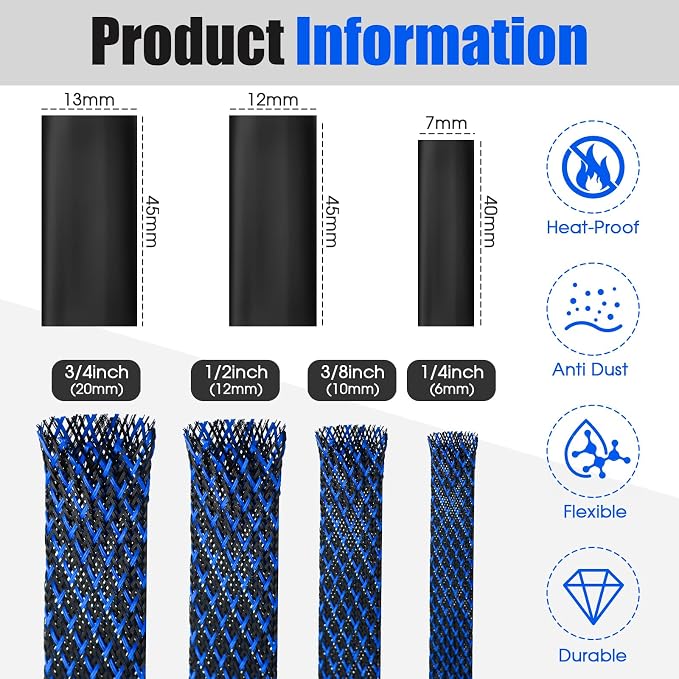 Tatuo 65.6 ft Braided Cable Sleeve Expandable Wire Sheathing(Blue, Black) | with 120 Heat Shrink Tubing 1/4 in 2/5 in 1/2 in 3/4 in Wire Sleeve Cord Management for Television Audio Computer Video Pets