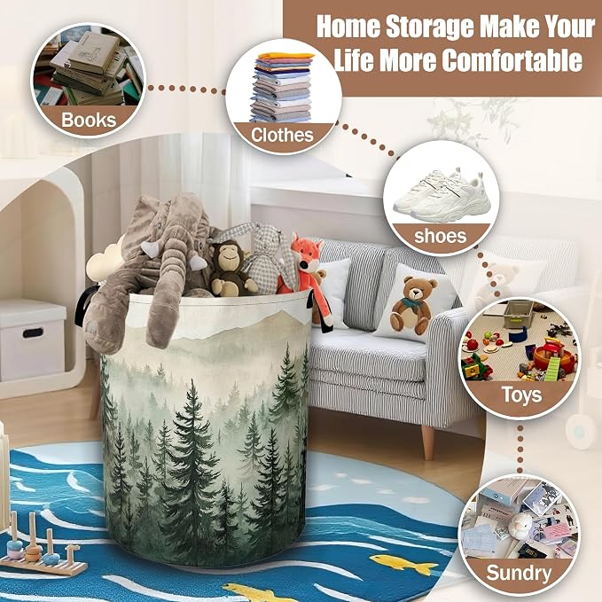 Misty Forest Landscape Laundry Basket,Waterproof Foldable Laundry Hamper,Dirty Clothes Basket, Linen Bin Storage Organizer Collection 16" x 20.8"