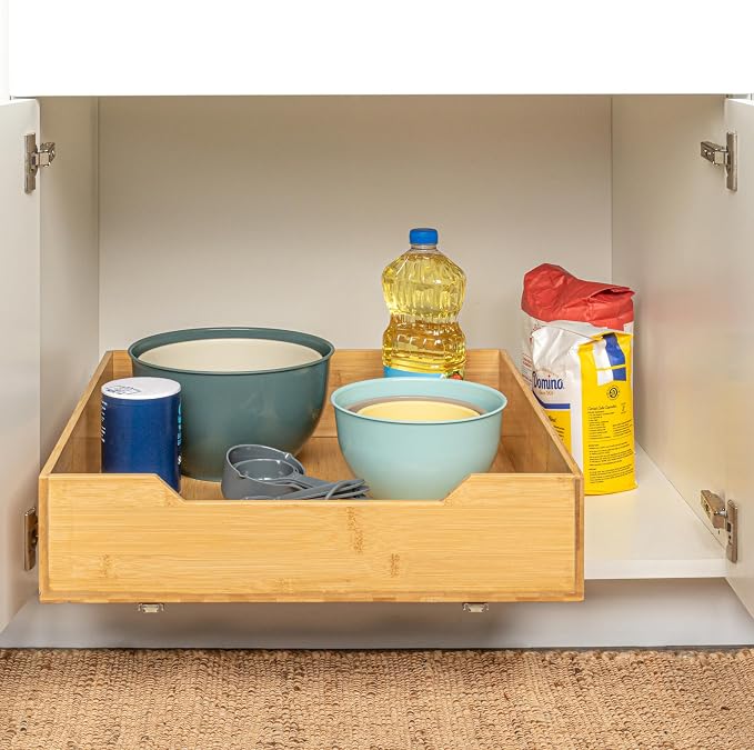 Household Essentials Glidez Bamboo and Steel Pull-Out/Slide-Out Storage Organizer for Under Cabinet Use - 1-Tier Design - Fits Standard Size Cabinet or Shelf, Natural