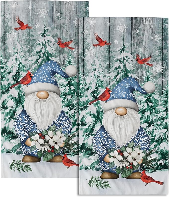 Winter Gnome Hand Towels Set of 2 Pine Tree Small Absorbent Bathroom Towels Soft Guest Face Towel Thin Kitchen Decorations Tea Dish Towels
