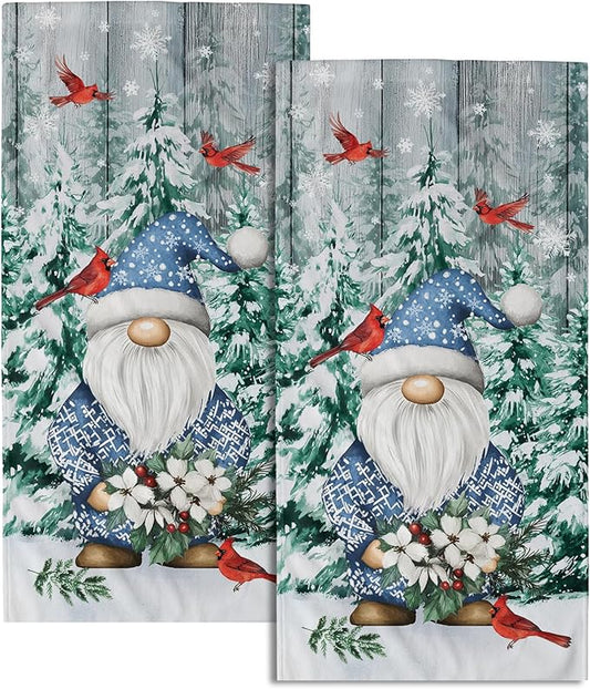 Winter Gnome Hand Towels Set of 2 Pine Tree Small Absorbent Bathroom Towels Soft Guest Face Towel Thin Kitchen Decorations Tea Dish Towels