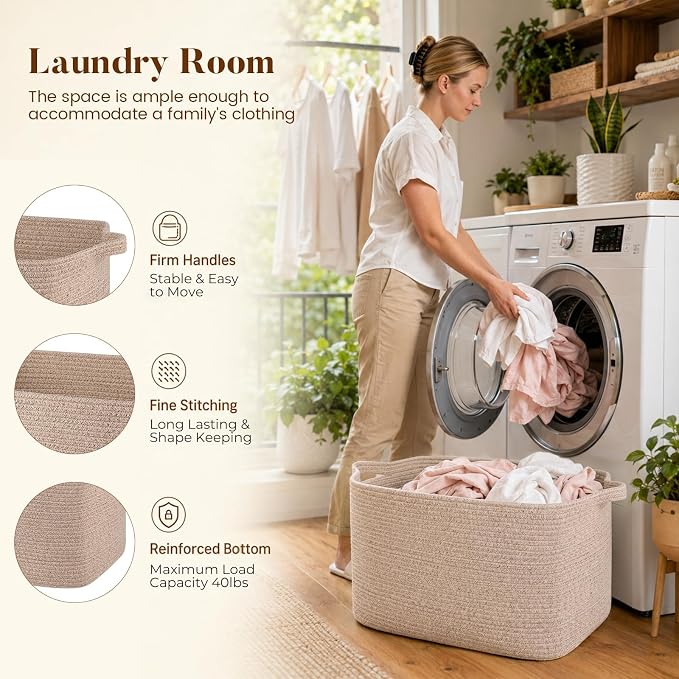 65L Large Woven Blanket Basket for Living Room, 19.7"x15.7"x11.8" | Nursery Laundry Hamper with Handle for Organizing Blankets, Pillows, Toy Storage With Handle, Large Baskets for Organizing