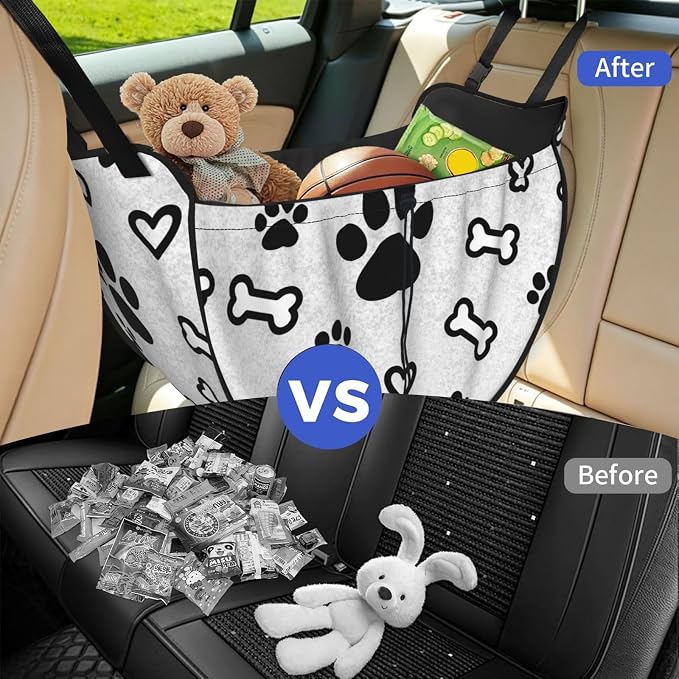 Bones and dog paws Car Seat Organizer-Backseat Storage Bag for Travel | Waterproof Durable. Holds Snacks Gear Essentials. Fits Most Cars.