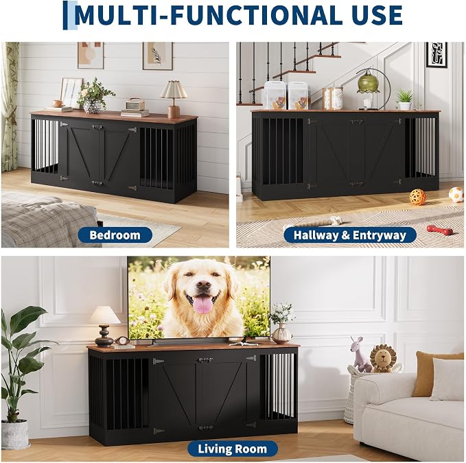 Garvee 70.8" Double Dog Crate Furniture, Farmhouse Dog Crate TV Stand | Heavy Duty Wooden Dog Kennel with Removable Divider & 2 Lockable Doors, Easy Assembly