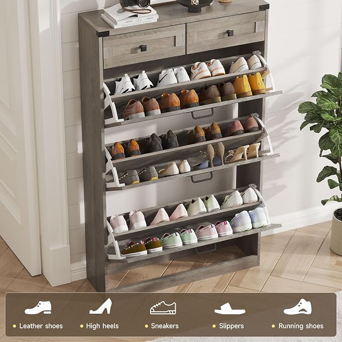 Halitaa Shoe Cabinet with 3 Flip Drawers & 2 Drawers,Freestanding Shoe Storage Cabinet for Entryway,Farmhouse Narrow Slim Organizer Rack for Foyer,Hallway,Grey