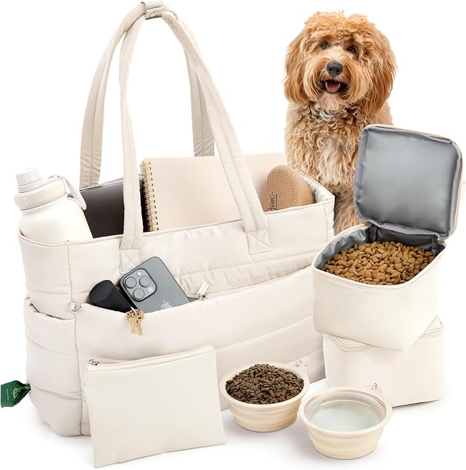 Puffer Dog Travel Bag for Dog Moms, Diaper Bag with Travel Bowls | 2 BPA-Free Collapsible Bowls, 2 Pet Food Containers, 9 Pockets, Everyday Puffer Bag Works With or Without Your Dog, Beige