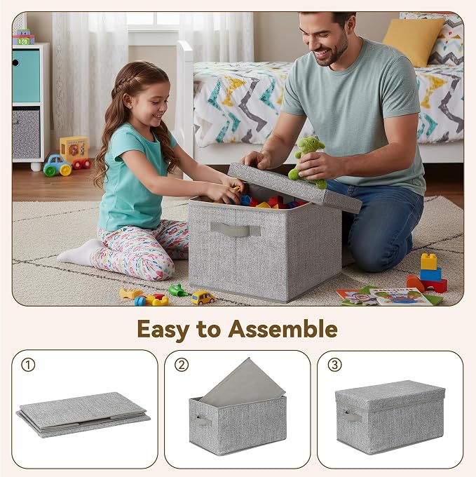 GRANNY SAYS Fabric Boxes with Lids, Storage Bins with Handles, Shelf Bins for Organizing, Extra Large Storage Boxes for Linens Clothes, Decorative Storage Containers, Gray, 3-Pack | Storage Box with Dust Cover, Handles & Lable, Collapsible, Ideal for C...
