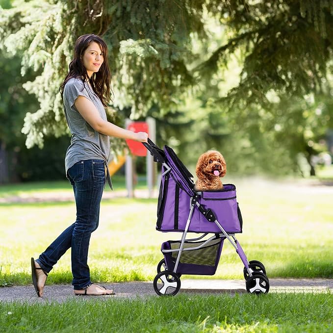 4 Wheels Dog Stroller Folding Pet Strolling Cart for Small Medium Cats Puppies Portable Jogger Travel Camping Puppy Carrier with Storage Basket Cup Holder, Purple