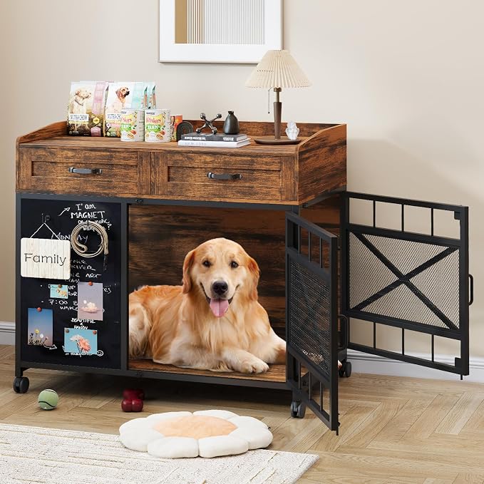 Dog Crate Furniture, 38 Inch Dog Kennel Indoor Furniture with Storage Drawers and Adjustable Foot Pads, Wooden Pet Cage End Table with Rotating Wheels and Blackboard for Small Medium Large Dogs
