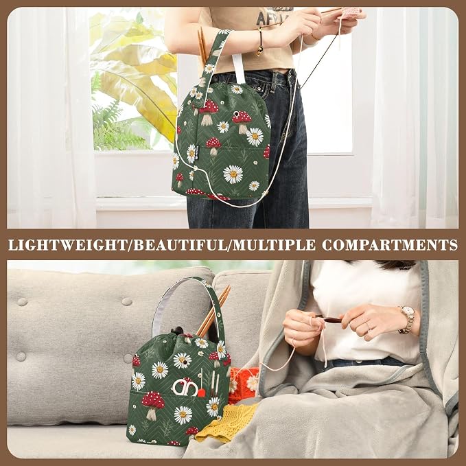 Tatenale Crochet Bag Yarn Bag Knitting Project Bag with Pockets and Handle Portable Yarn Storage Organizer Tangle Free 8.3x11 InchBoho Mushroom Daisy Green08