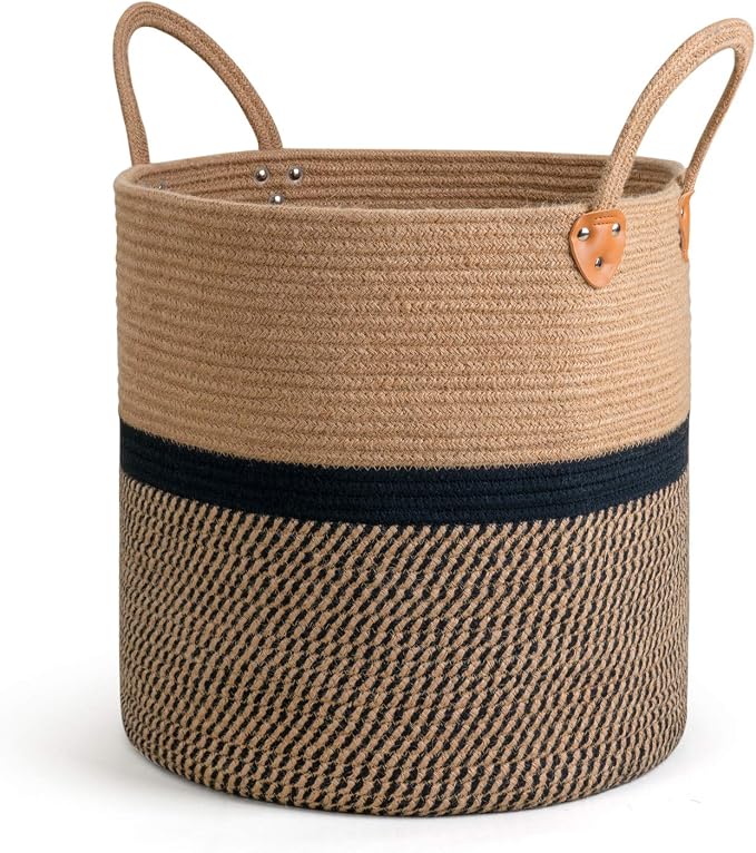 CHICVITA Large Wicker Storage Basket with Leather Handles, 16" x 16", Black | Decorative Woven Basket for Toys, Shoes, Blankets & Laundry Storage, Living Room & Bedroom Organizer, Indoor Plant Basket