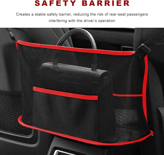 Car Net Pocket Handbag Holder, Large Capacity Mesh Bag for Console Front Seat, Barrier of Backseat Pet Storage Netting Pouch for Handbag Purse, Car Accessories for Women Men (Red)