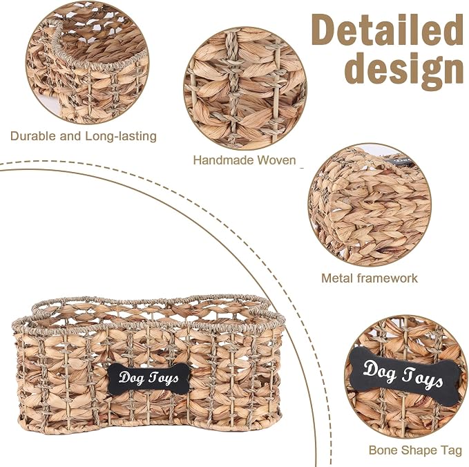 Handmade Wicker Baskets for Dog Toys,Bone Shaped Dogs Toy Bin with Wire Frame,Dog Toy Boxes for Living Room,Farmhouse Pet Stuff Organizer