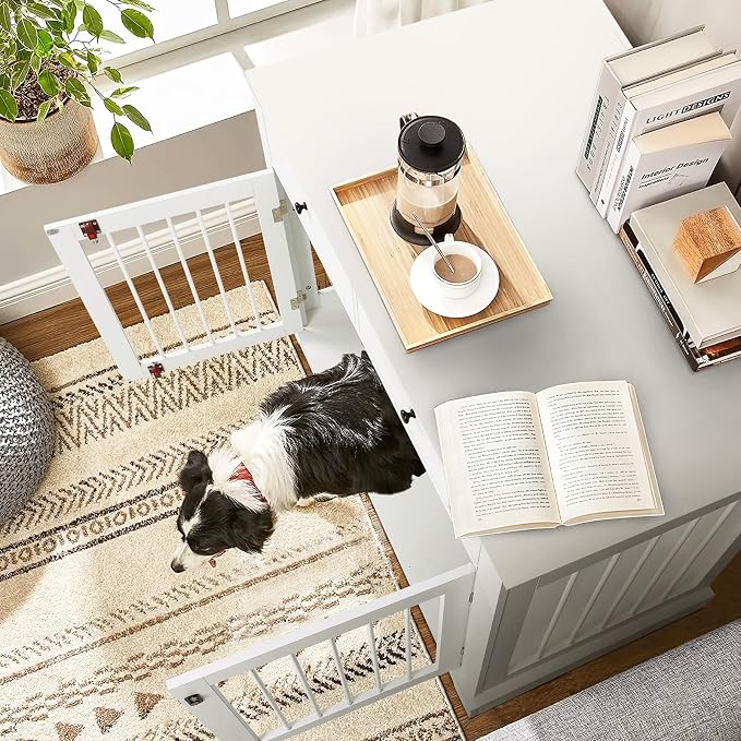 44inch Large Dog Crate Furniture with Storage Drawers for Indoor, White | Large Decorative Wooden Dog Kennel Indoor with Storage Drawers, Multipurpose End Table Cage Suitable for Small Dogs