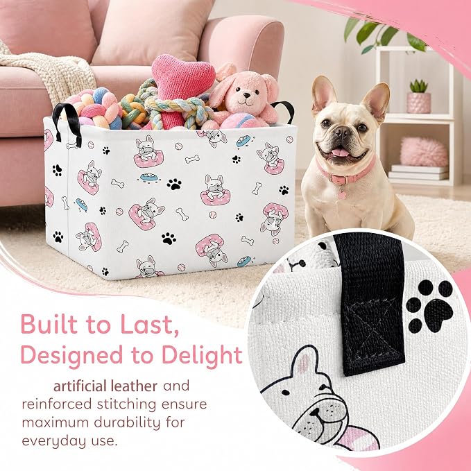 Large Dog Toy Basket Puppy Box Storage Bin (Pink Black) | Holder French Bulldog Stuff Organizer, Room Decor Gifts