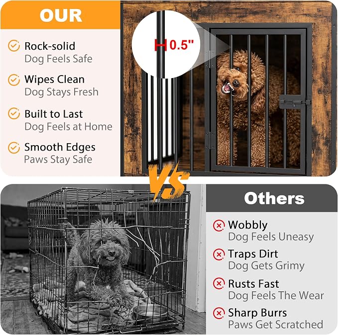 EasyCom 55" Wooden Double Dog Crate Furniture, Removable Divider, Brown | Raised Legs, For 1–2 Small to Medium Dogs, Multiuse TV, Plant & Display Stand