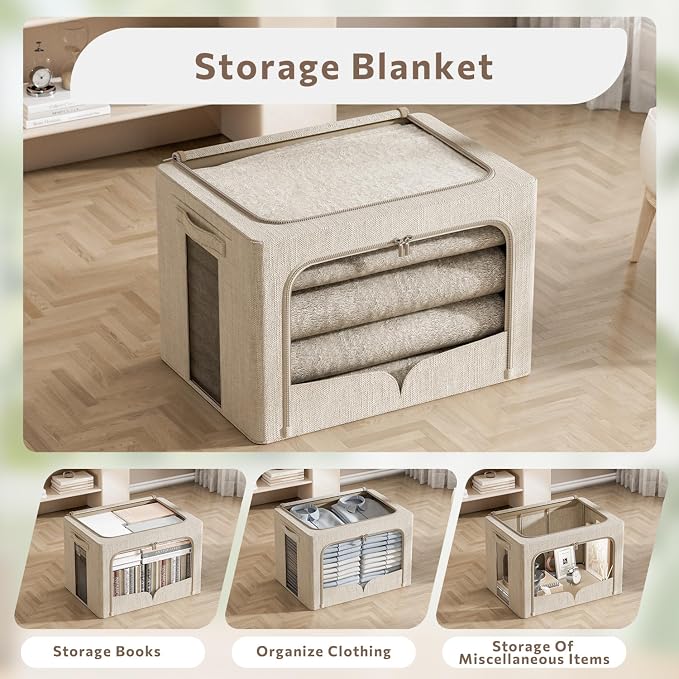 FHSQX 3 Pack Clothes Storage Bins - Foldable Metal Frame Storage Box - Stackable Linen Fabric Container Organizer Set with Carrying Handles and Clear Window (Beige, 15.7x11.8x9.8inch(30L))