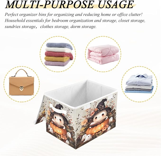Ghost Wearing Witch Hat Storage Bins with Lids and Carrying Handle,Foldable Storage Boxes Organizer Containers Baskets Cube with Cover for Home Bedroom Closet Office