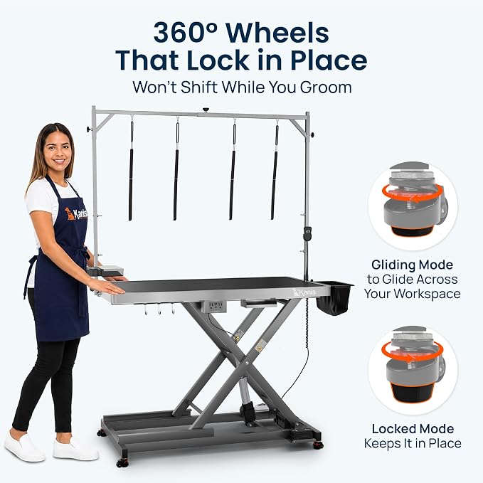 Professional Electric Dog Grooming Table - Heavy Duty | Height Adjustable Pet Grooming Table w/Leveling Wheels, Dog Grooming Arm, Anti-Slip Tabletop & Tool Organizer (Grey, 49")