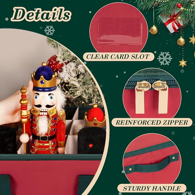 Christmas Nutcracker and Figurine Collectible Storage Box Stores Up to 9 16" Nutcrackers Holiday Ornaments Storage Box with Adjustable Dividers Zippered Top Xmas Decorations Storage Containers