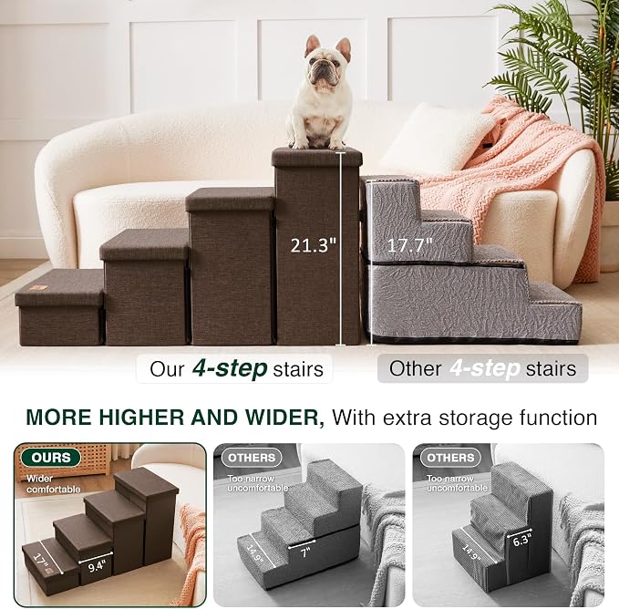 Love's cabin Dog Stairs for High Bed, Foldable Pet Stairs for Small Medium or Large Dogs Puppy with Storage for Bed or Couch, Cat Dog Steps Ramp with Zip up to 200 lbs, Coffee, 4 Steps